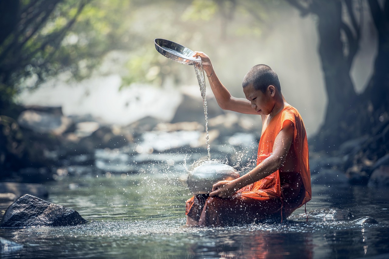 boy, monk, nature, river, buddhist, water, ritual, buddhism, meditation, culture, oriental, religion, worship, sacred, spiritual, thailand, asia